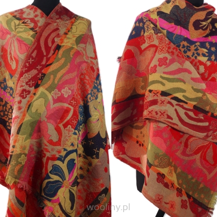 Szal dwustronny boho etno kolorowy wełna merynosów 