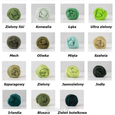 Zestaw wełny czesanki australijskiej 19mic ZIELONY MAX 15 kolorów