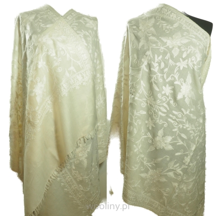 Damski wełniany szal merinos haftowany Biały kremowy 