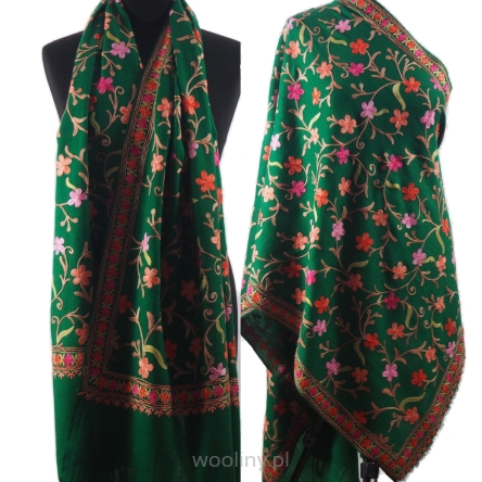 Damski wełniany szal merinos haftowany Zielony kolorowy