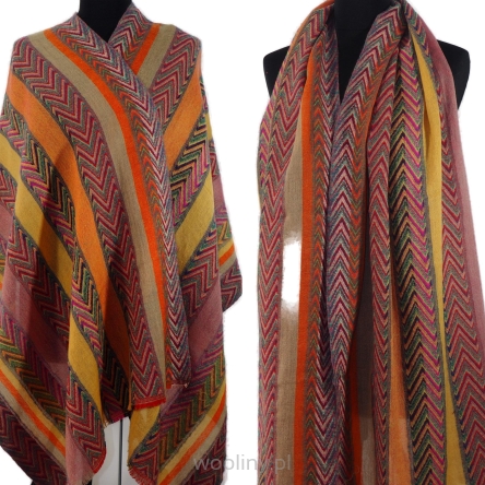 Damski szal w paski i jodełka z wełny z merynosów 