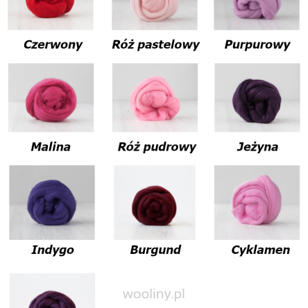 Zestaw wełny czesanki australijskiej 19mic Jagodowy 10 kolorów