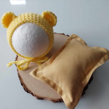 Czapeczka Misia z Poduszką do sesji fotograficznej noworodka ŻÓŁTY