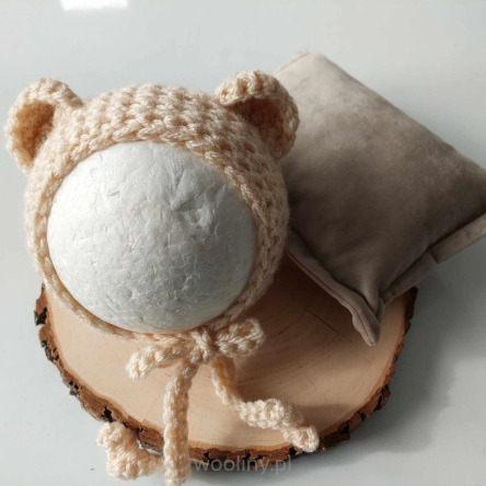 Czapeczka Misia z Poduszką do sesji fotograficznej noworodka BEŻ