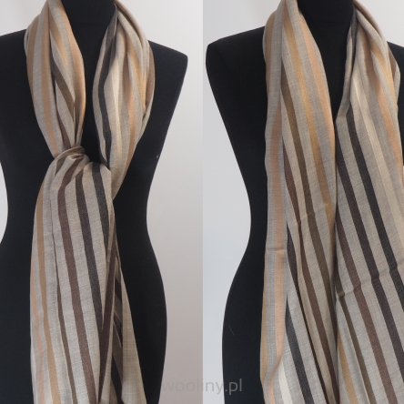 Męski damski dwustronny beżowy szal w paski z wełny merynosów i jedwabiu 