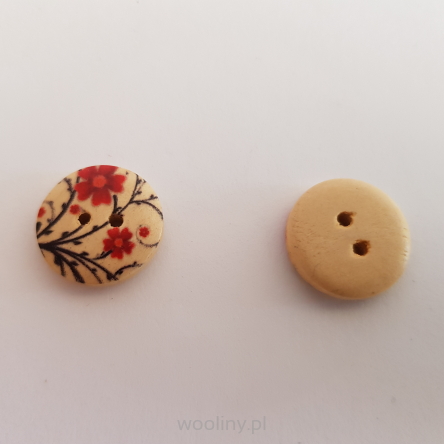 Guzik drewniany w czerwone kwiaty 18 mm 