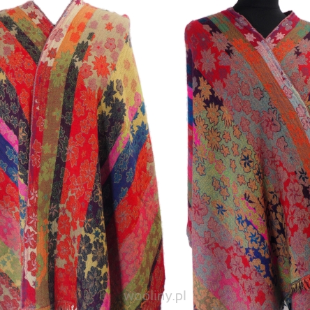 Damski szal dwustronny w kwiaty z wełny merynosów 