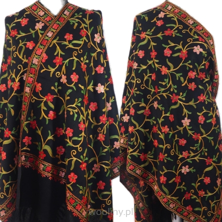 Haftowany wełniany szal w kolorowe kwiaty Granatowy