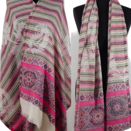 Stylowy damski wełniany szal dwustronny w kwiaty i wzory azteckie